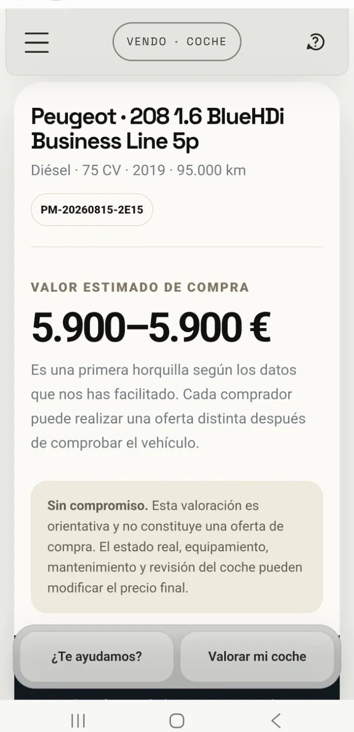 Ejemplo real de tasación de un Peugeot 208 2019